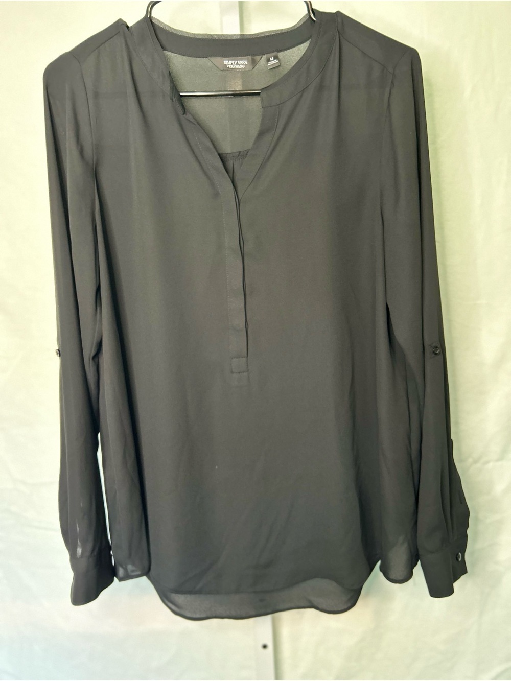 Simply Vera Vera Wang Black Roll-Tab Sleeve Popover Blouse Tunic M